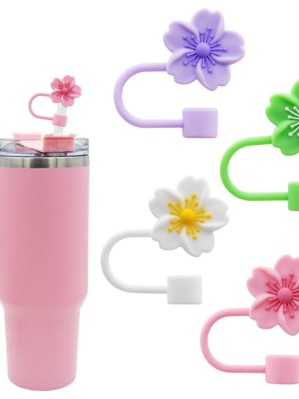 Flower Silicone Straw Cover Cap for Stanley Cup, 10 mm 0.4 in Reusable Topper Ti